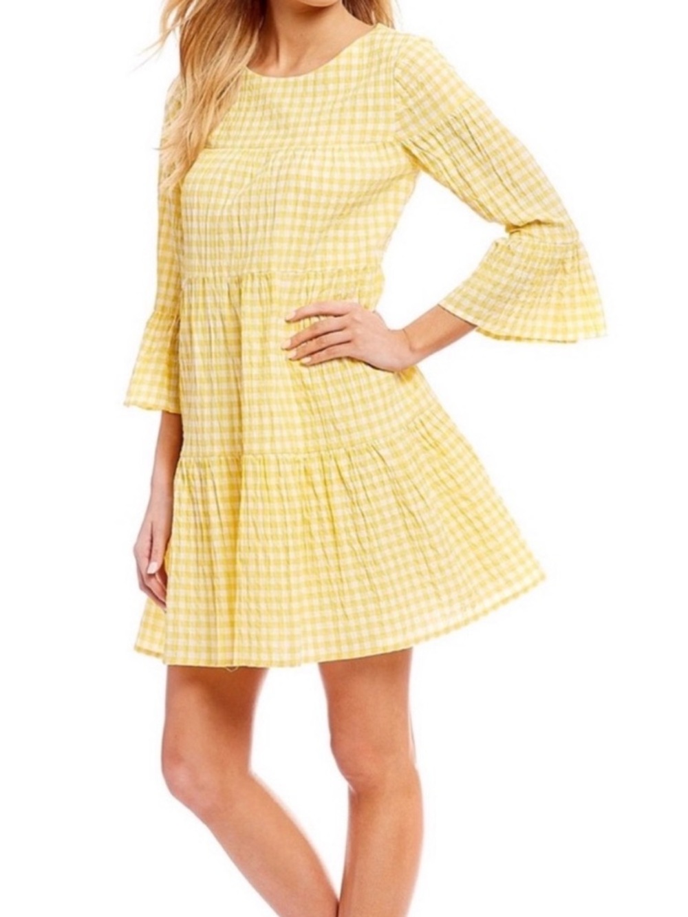 MAGGY LONDON | Yellow Gingham Tier 3/4 Sleeves Dress SZ - 16